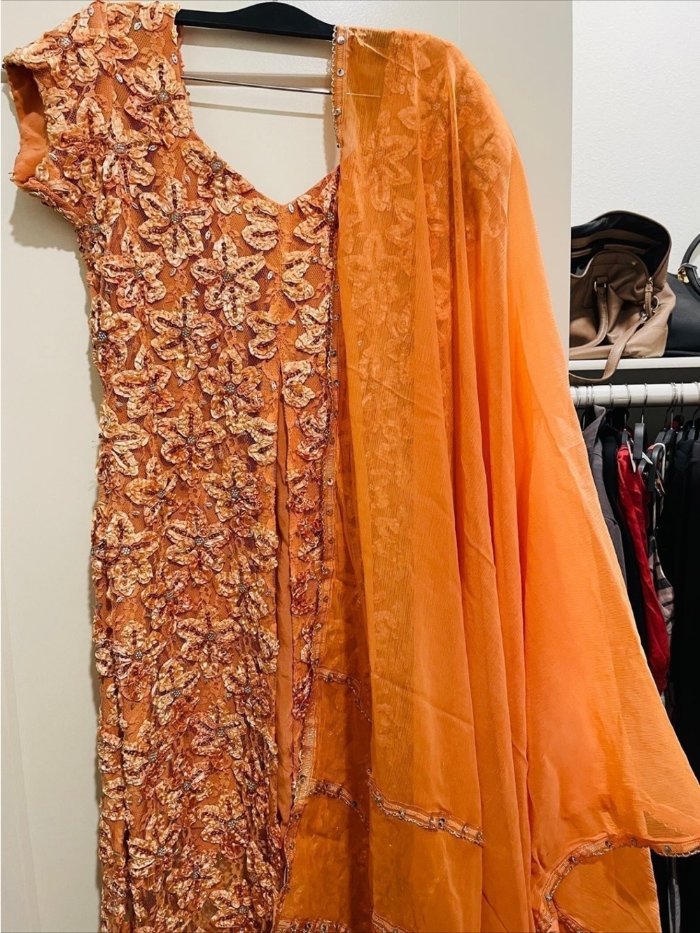 Embroidered Women’s Salwar Kameez Set in Burnt Orange - Picture 2 of 3